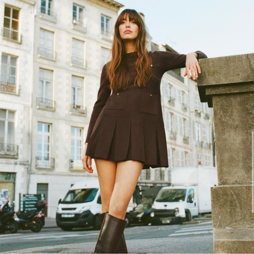 ZARA Brown Pleated Short Knit Dress